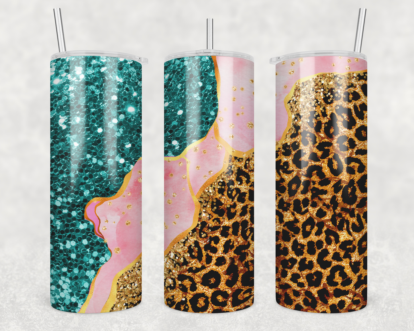 Teal Glitter & Cheetah Print Tumbler