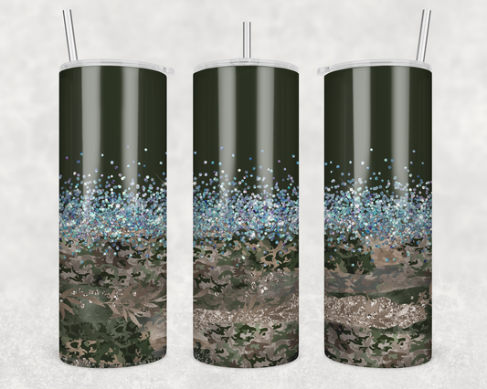 Army Green & Camo With Faux Glitter Tumbler