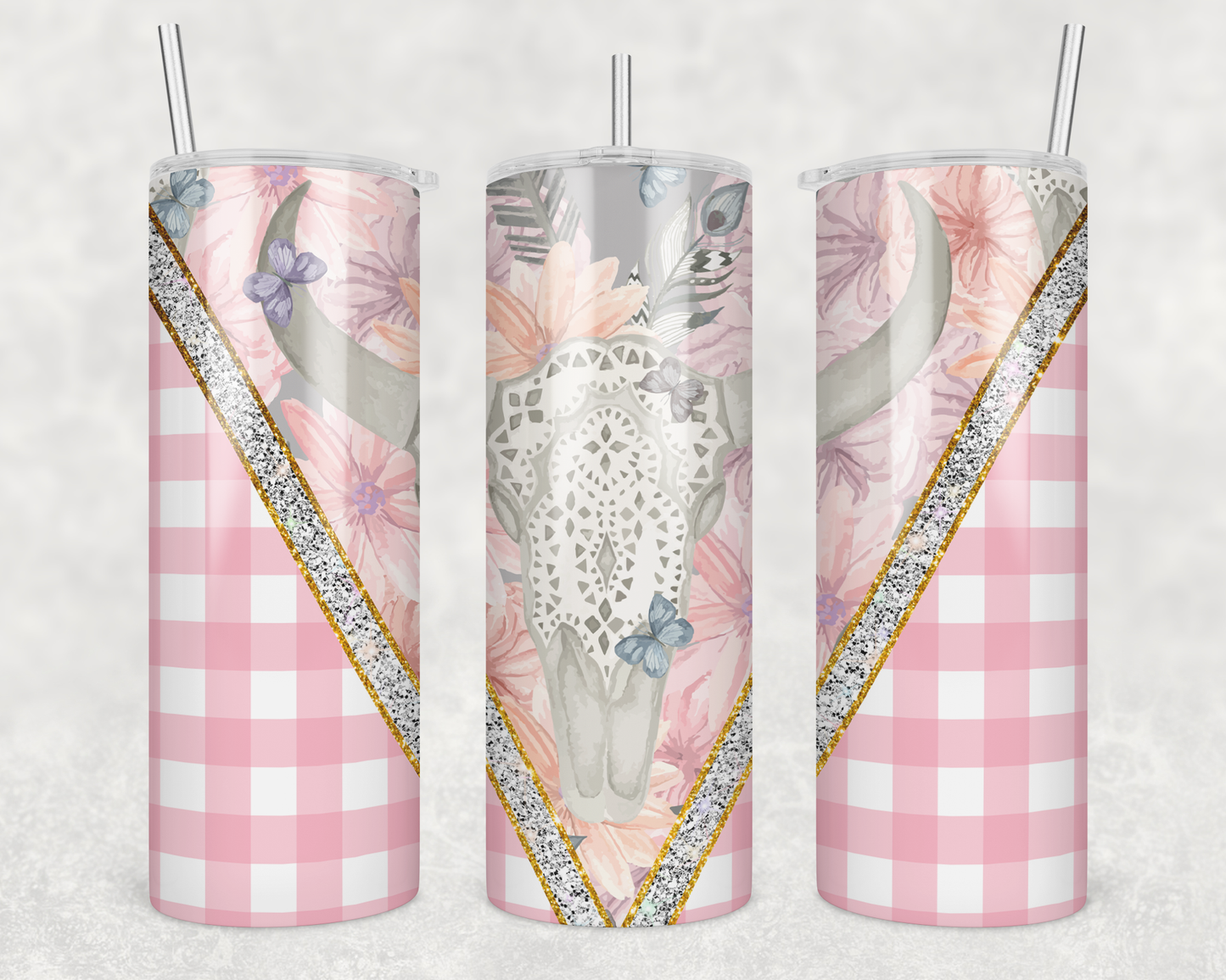 Pink Plaid Skull Tumbler